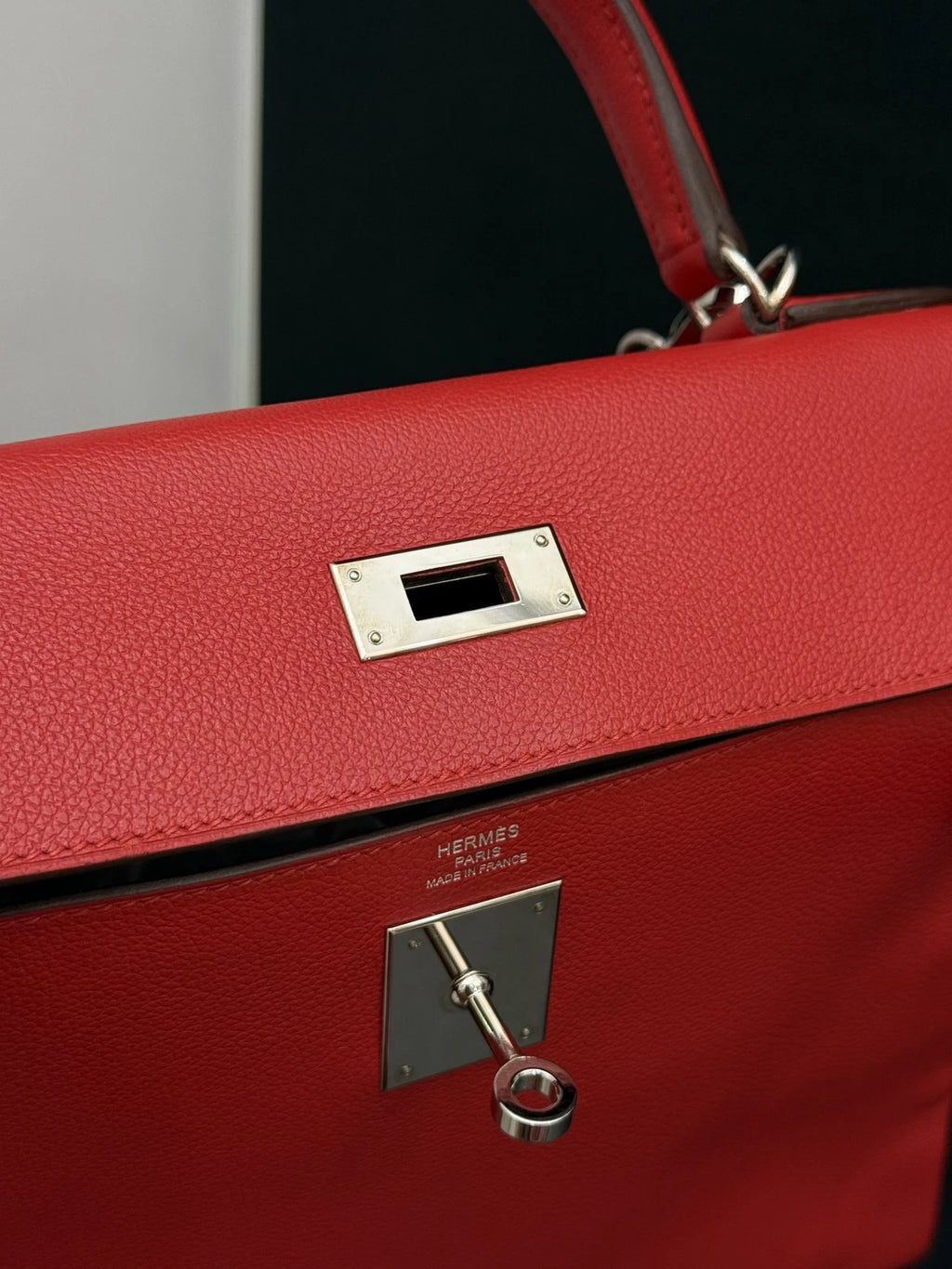 Hermes Kelly28 Evercolor Top Handle Bag Crossbody Red Silver Classic Women