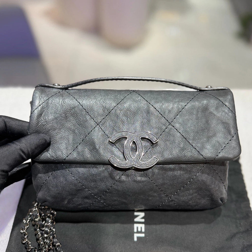 Chanel Calfskin Chain Top Handle Crossbody Black Silver Women Classic