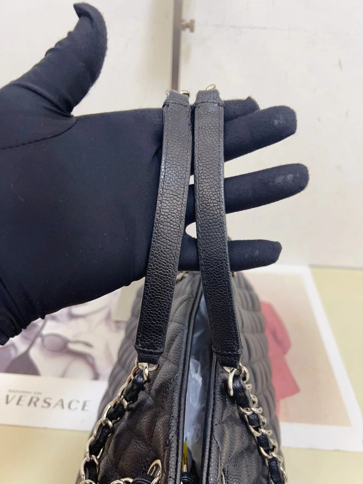 Chanel Bowling Calfskin Chain Shoulder Bag Diamond Black Silver Excellent