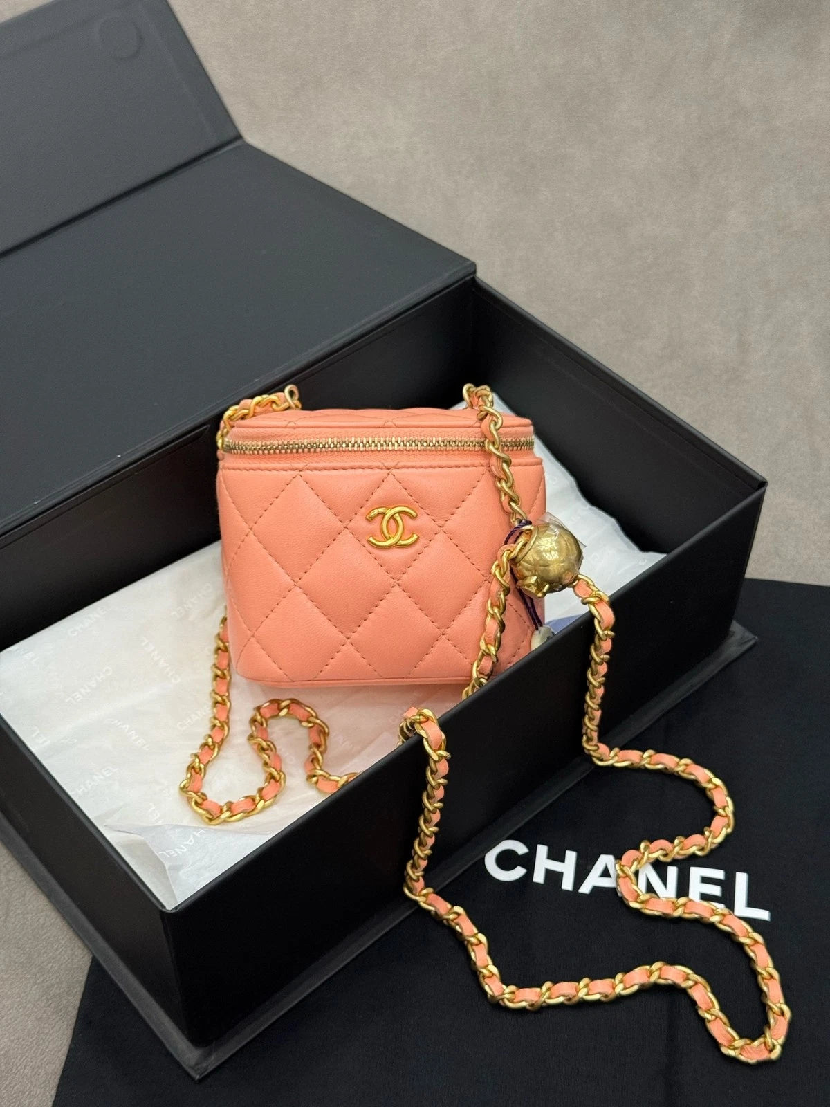 CHANEL Lambskin Adjustable Gold Ball Box Crossbody Shoulder Bag Women