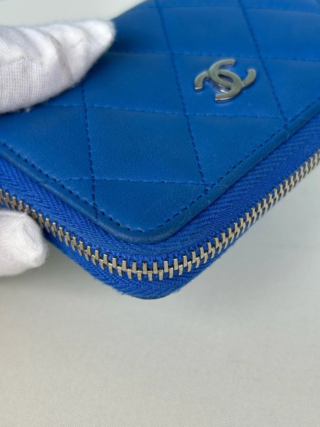 Chanel Diamond Lambskin Card Wallet Blue Silver Used Women Classic