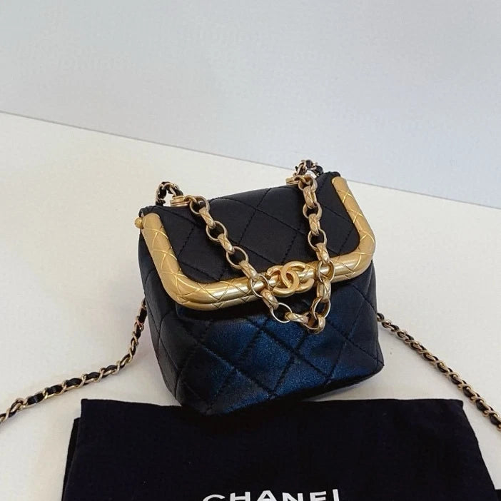 Chanel Kiss Lock Mini Chain Top Handle Crossbody Black Gold Women Classic