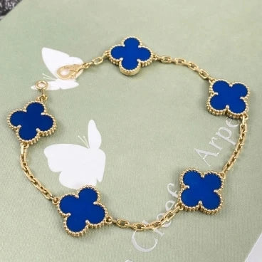 Van Cleef &amp; Arpels Vintage Alhambra 5 Motifs Bracelet 18K Yellow Gold Blue Agate