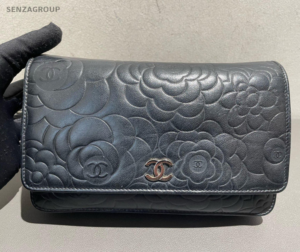 Chanel Camellia Series WOC Chain Shoulder Bag Crossbody Black Silver Women