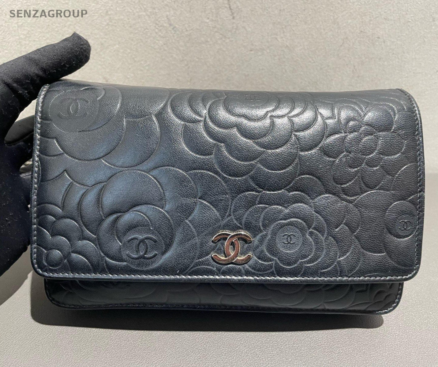 Chanel Camellia Series WOC Chain Shoulder Bag Crossbody Black Silver Women