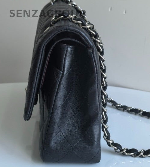 Chanel Classic Flap MM Lambskin Chain Shoulder Bag Black Silver Women Designer