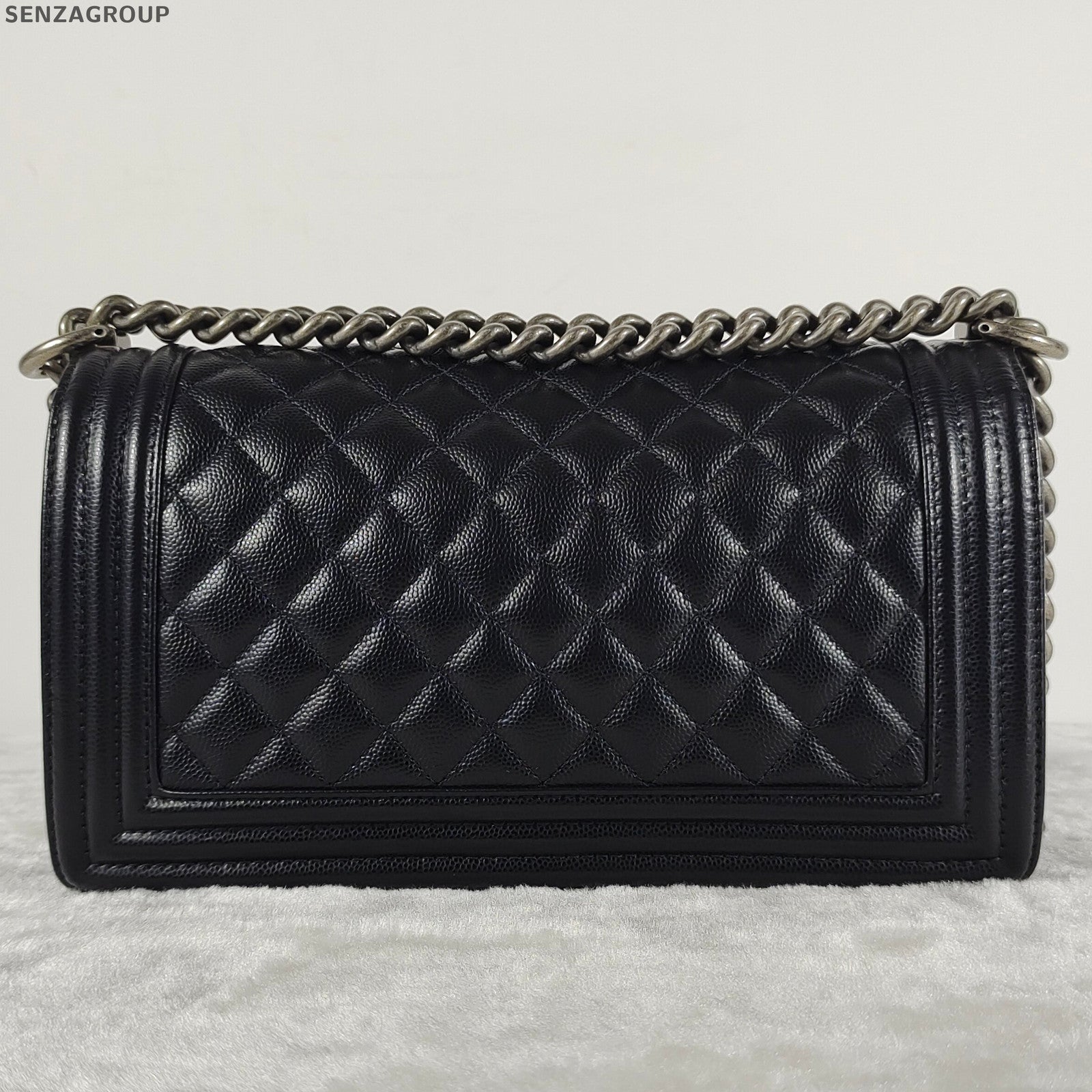 Chanel Le Boy Medium Black Silver Chain Shoulder Bag Quilted Classic