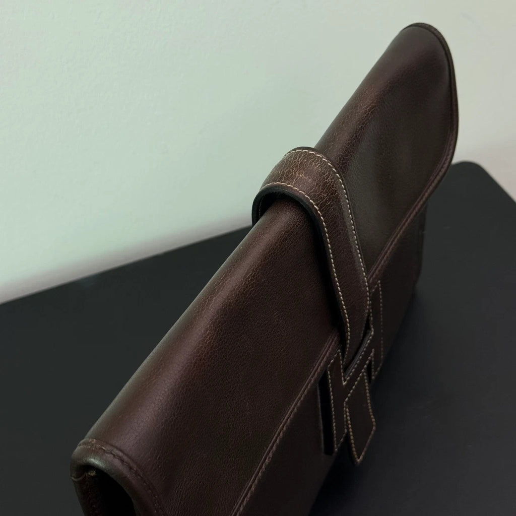 Authentic Vintage Hermes Jige29 Dark Brown Leather Clutch With H Flap