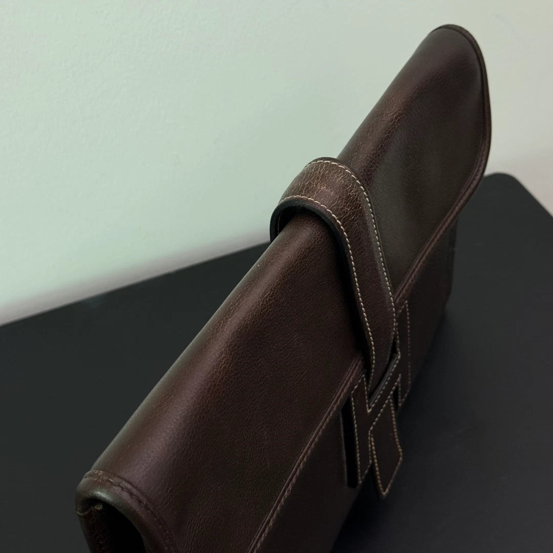 Authentic Vintage Hermes Jige29 Dark Brown Leather Clutch With H Flap