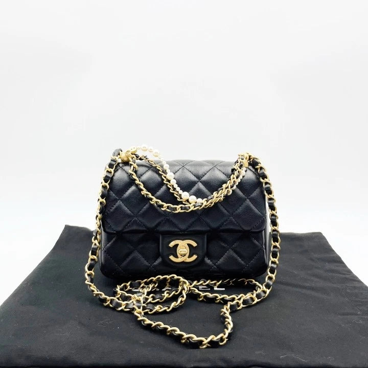Chanel Black Gold Pearl Chain Mini Crossbody Bag For Women