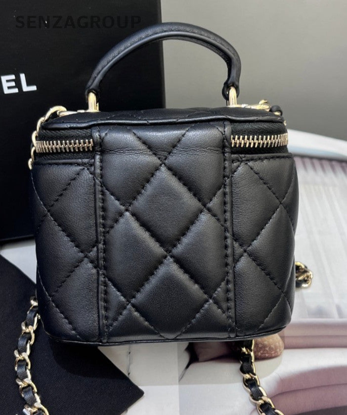 CHANEL Vanity mini Lambskin Top Handle Chain Shoulder Handbag Black Gold Women