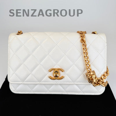 Chanel WOC Quilted Chain Shoulder Crossbody Bag White Gold Classic