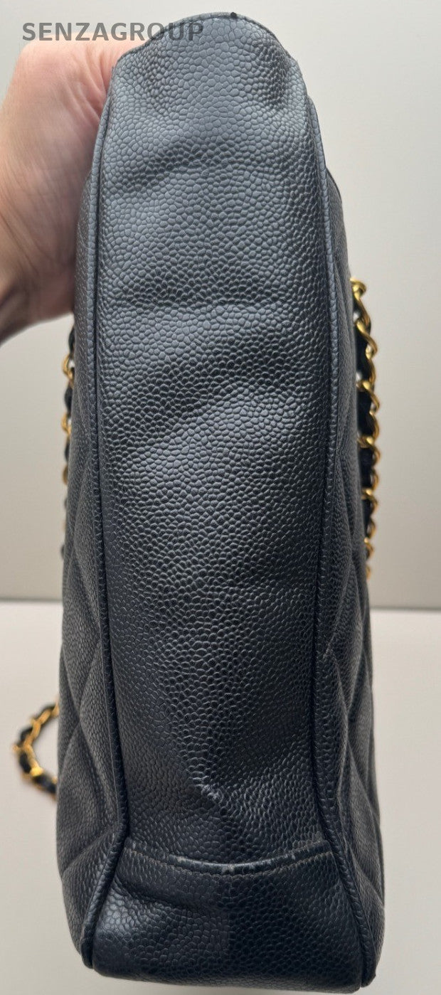 Chanel Vintage Music Score Litchi Peel Shoulder Crossbody Tote Black Women