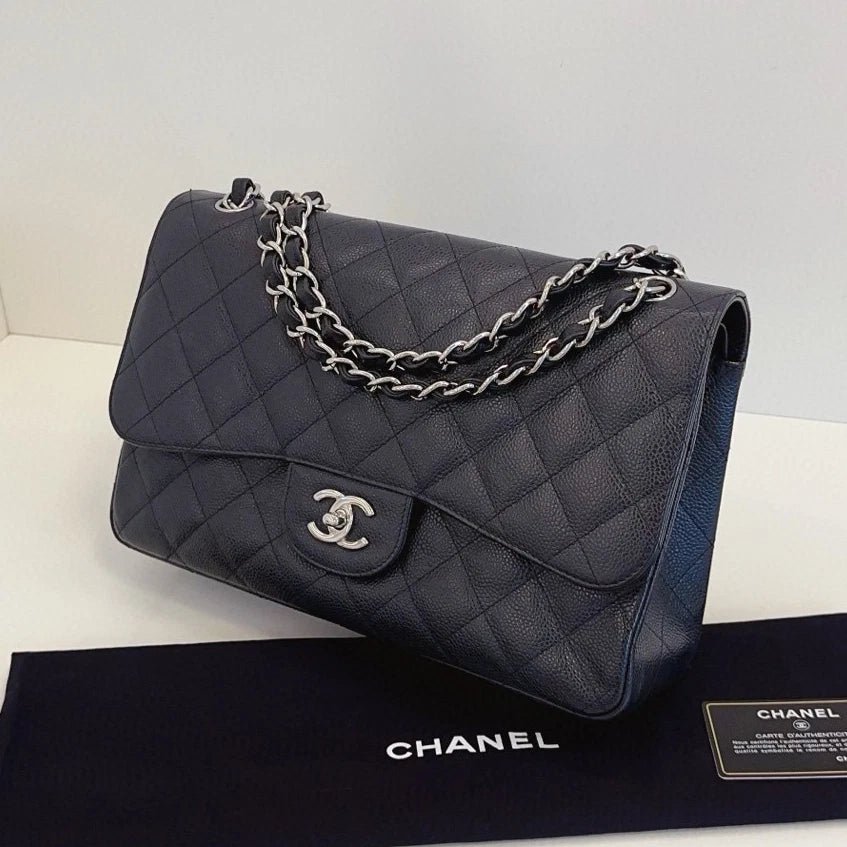 Chanel Classic Flap Jumbo Chain Shoulder Crossbody Diamond Black Silver Women