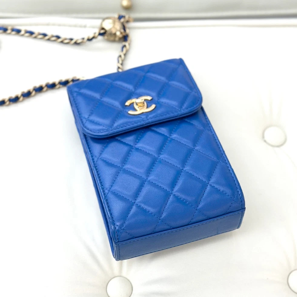 Chanel Lambskin Phone Bag Shoulder Crossbody Bag Blue Gold Hardware Women S