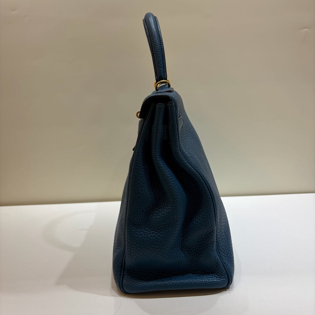 Hermes Kelly35 Top Handle Shoulder Bag Crossbody Blue Gold Women Classic Fashion
