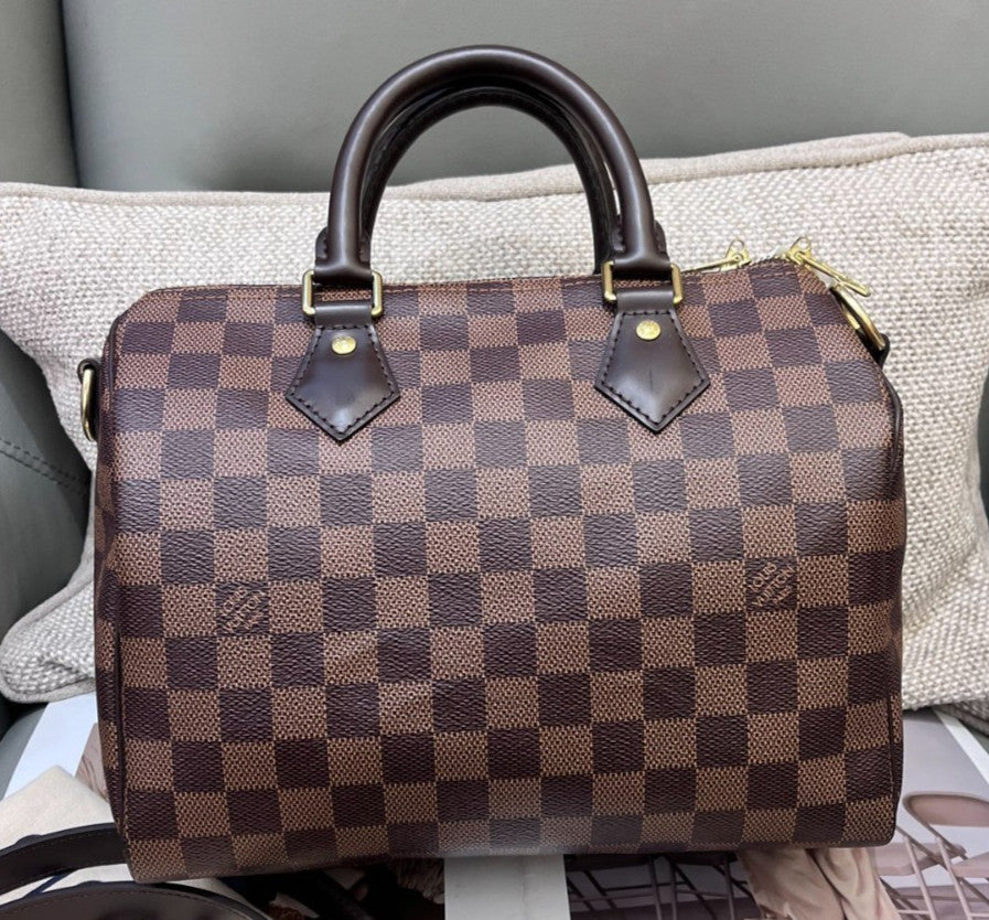 Louis Vuitton Speedy25 Damier Ebene Top Handle Bag Crossbody Brown Gold Women