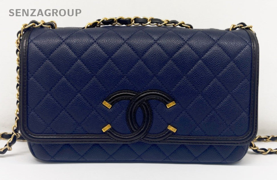 Chanel Vanity Case Filigree MM Calfskin Chain Shoulder Bag Crossbody Bule Women