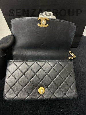 Chanel Black Gold Lambskin Quilted CC Top Handle Chain Crossbody Bag