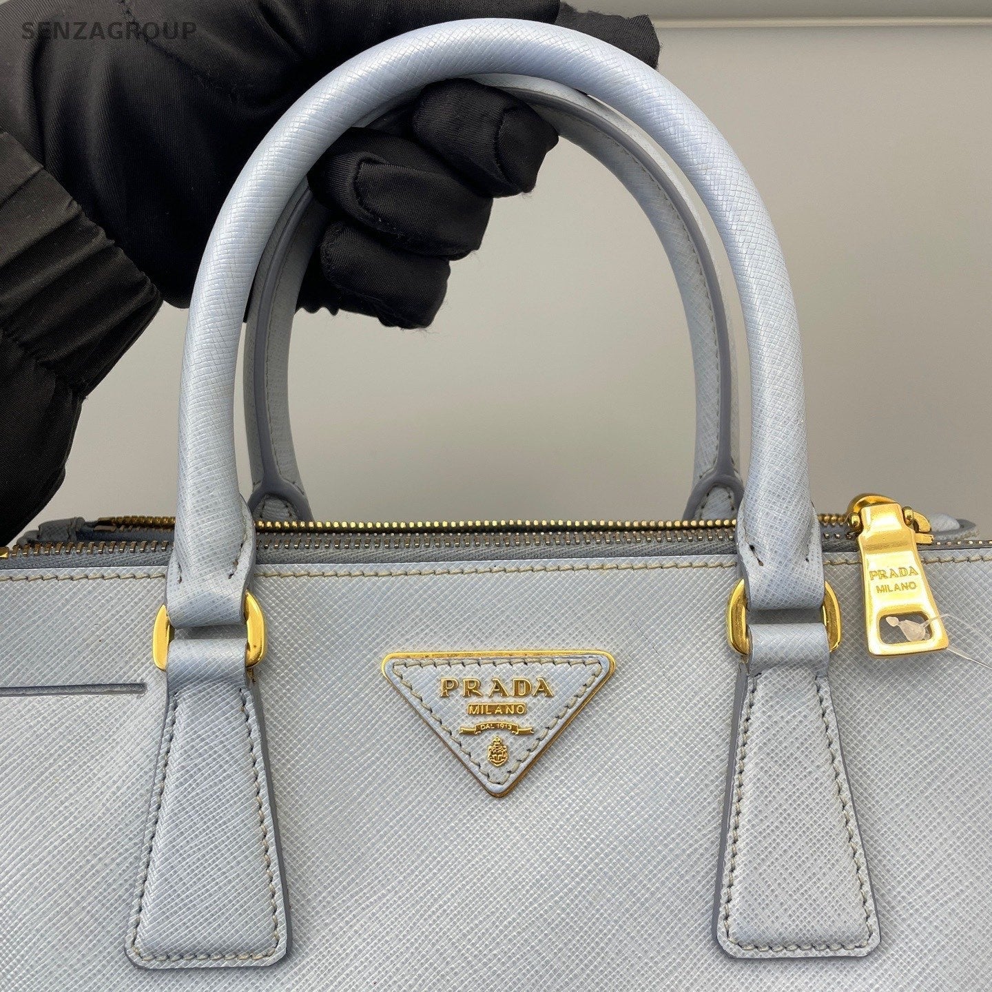Prada Galleria PM Top Handle Bag Crossbody Blue Gold Women Classic