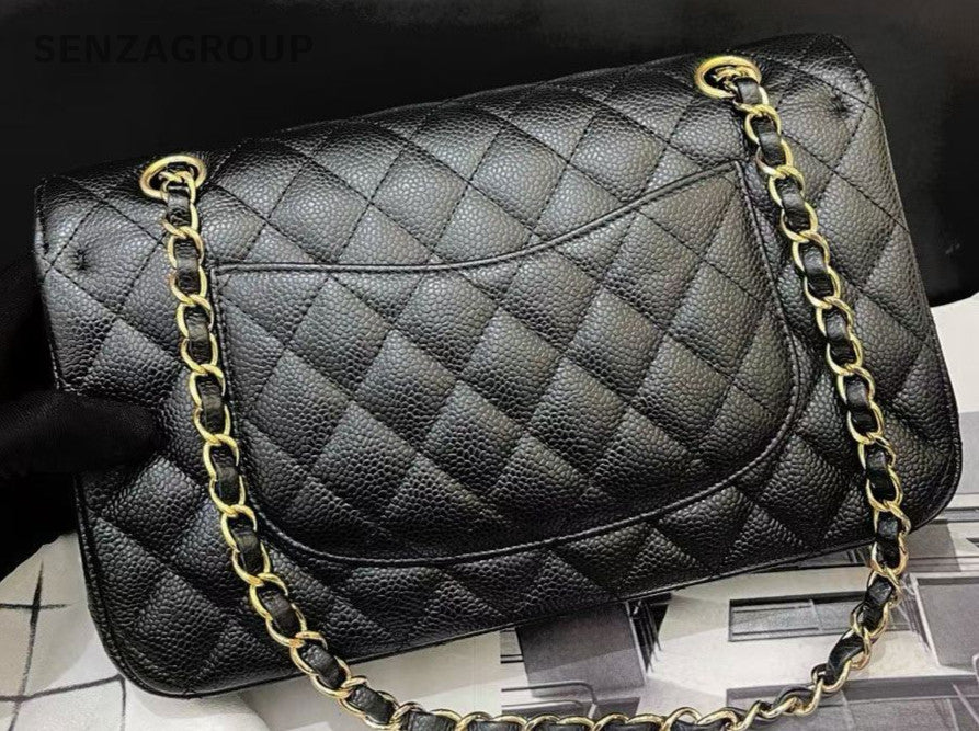 Chanel Classic Flap MM Calfskin Diamond Chain Shoulder Bag Black Gold Women
