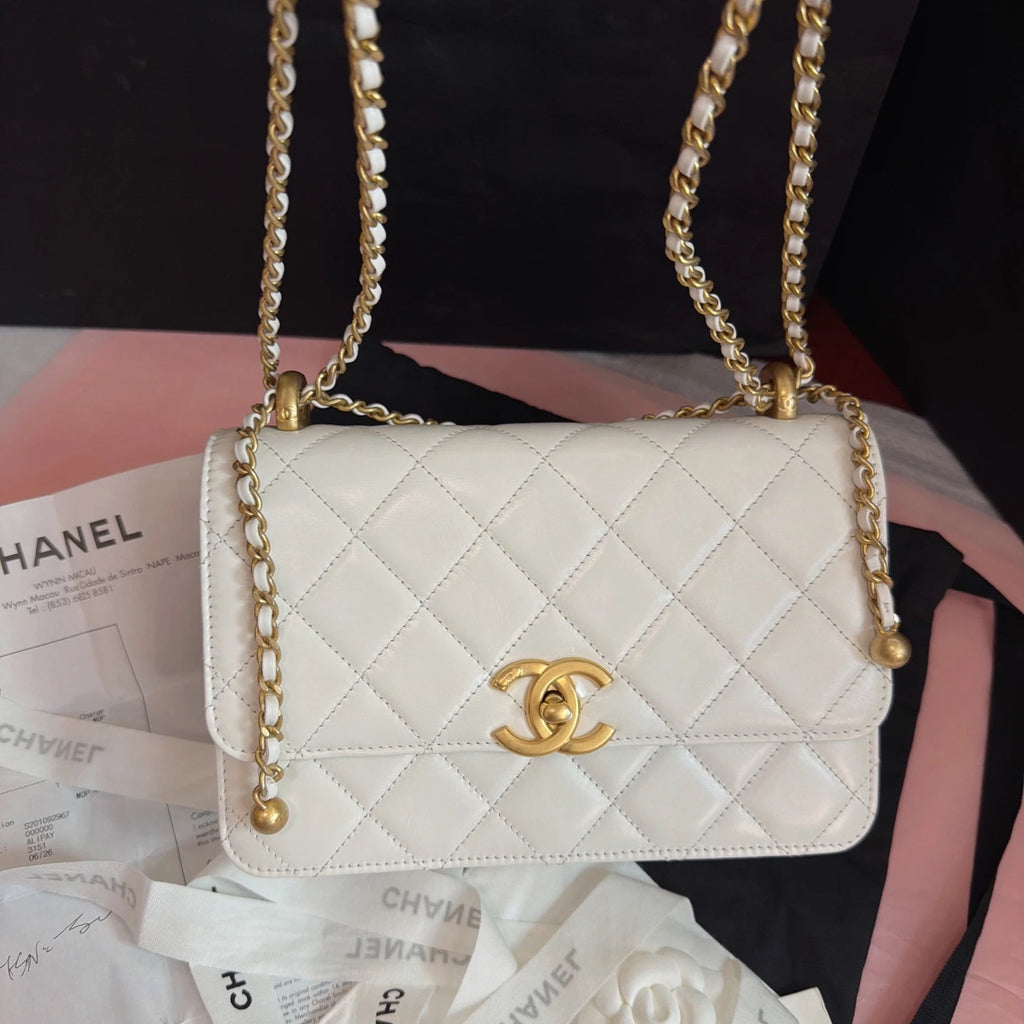 Chanel Diamond Calfskin Chain Shoulder Crossbody White Gold Women Classic