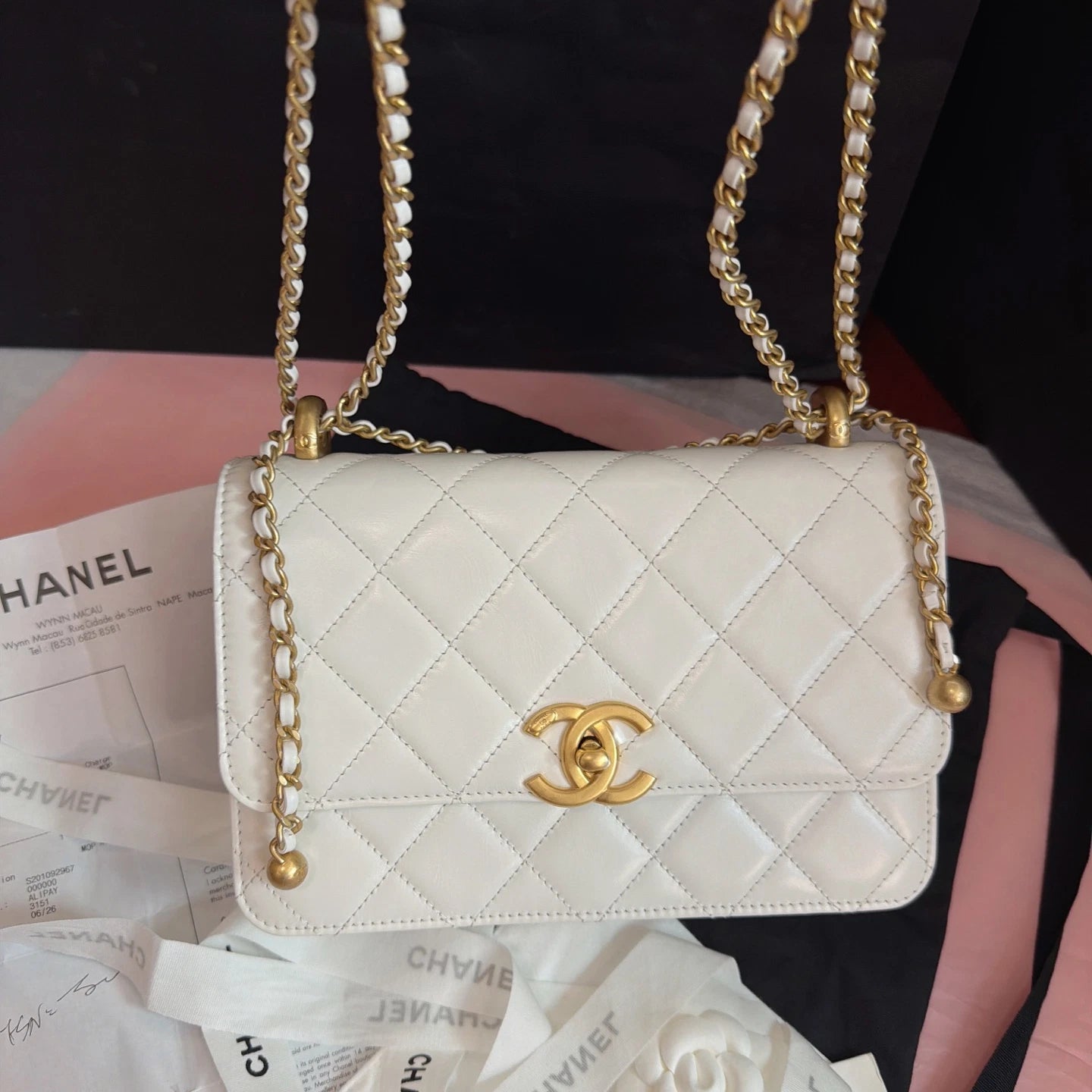 Chanel Diamond Calfskin Chain Shoulder Crossbody White Gold Women Classic