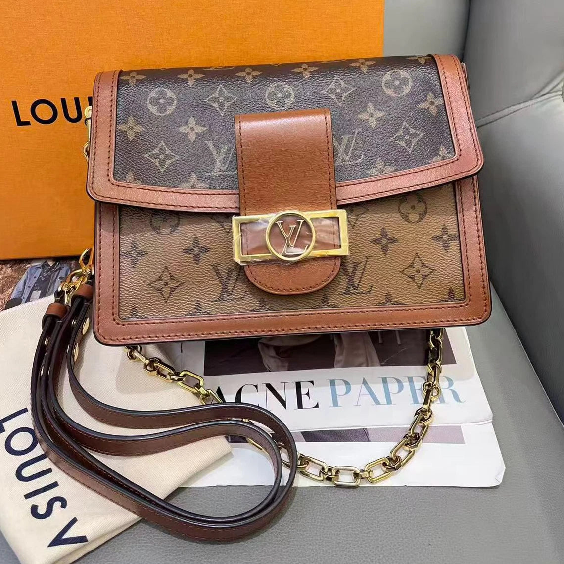 Louis Vuitton Dauphine MM Chain Shoulder Crossbody Brown Gold Women Classic