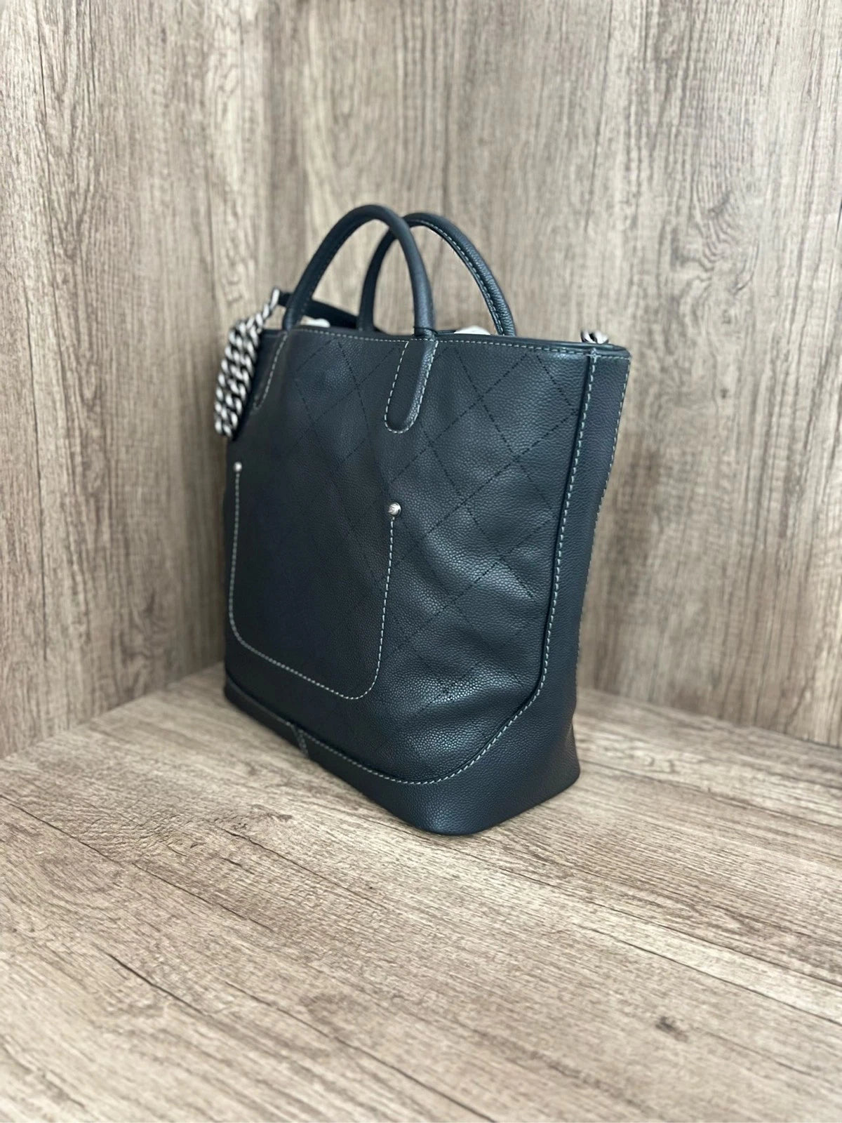 CHANEL Black Silver Quilted Chain Shoulder Tote Bag For Women