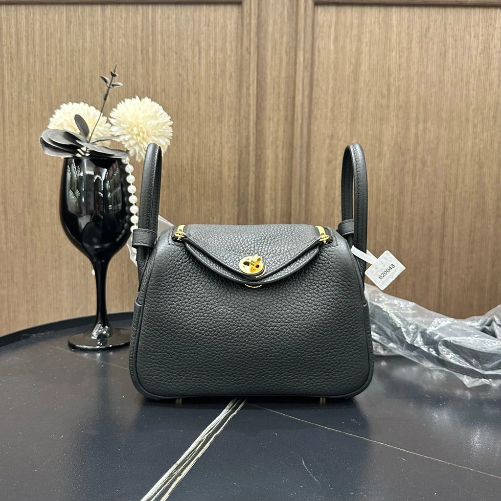 Hermes Mini Lindy Black Gold Togo Leather Top Handle Bag For Women