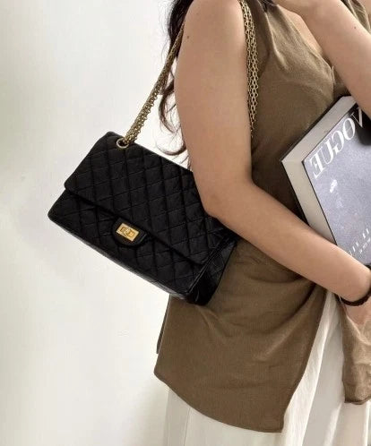 CHANEL 2.55 Medium Black Gold Crossbody Bag For Women