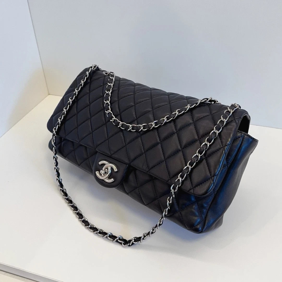Chanel Classic Flap Chain Black Shoulder Bag Crossbody Diamond Silver Hardware