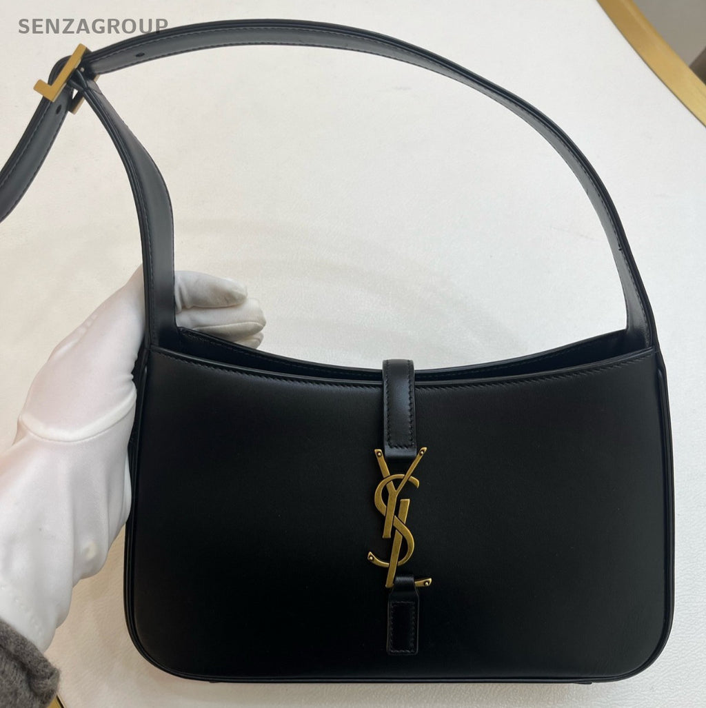 Saint Laurent Calfskin Hobo Shoulder Bag Black Gold Used Women Classic