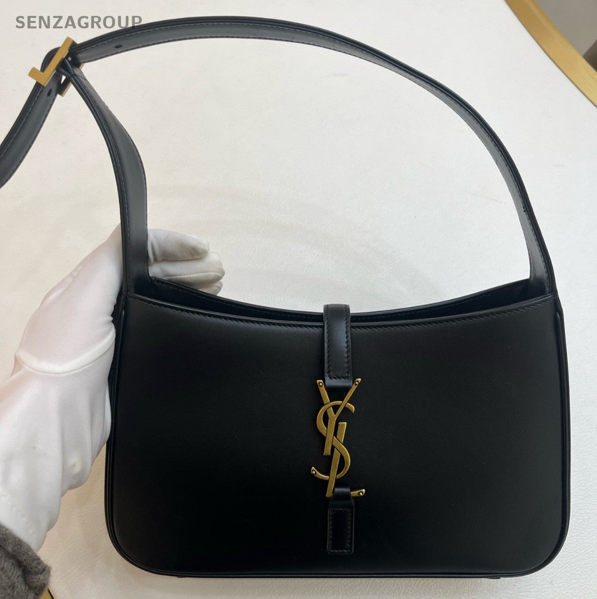 Saint Laurent Calfskin Hobo Shoulder Bag Black Gold Used Women Classic
