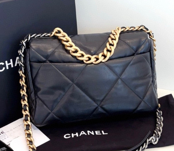 Chanel 19Bag MM Chain Top Handle Shoulder Bag Black Gold Women Classic Fashion