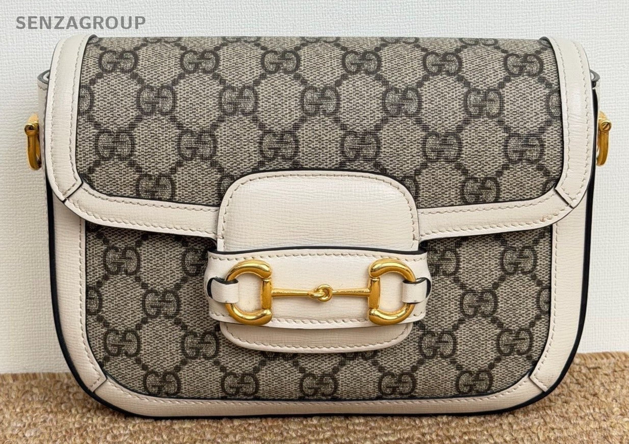 Gucci Monogram PM Saddle Shoulder Bag White Gold Women Classic 2 Straps