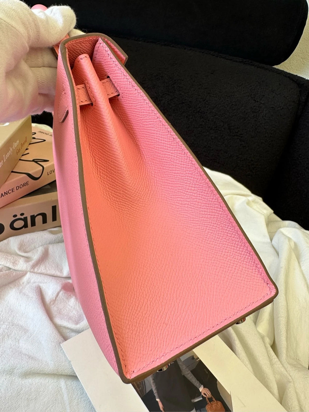 Hermes Kelly25 Pink Leather Top Handle Bag For Women