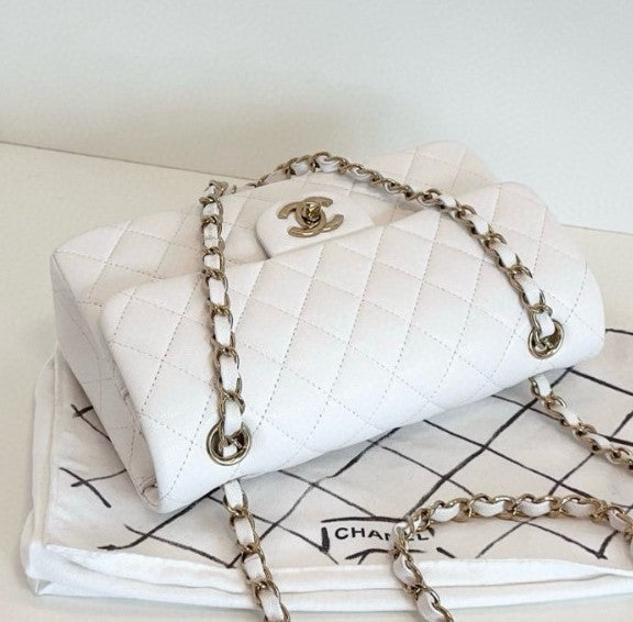 Chanel Classic Flap MM Calfskin Chain Shoulder Bag White Gold Women Fashion