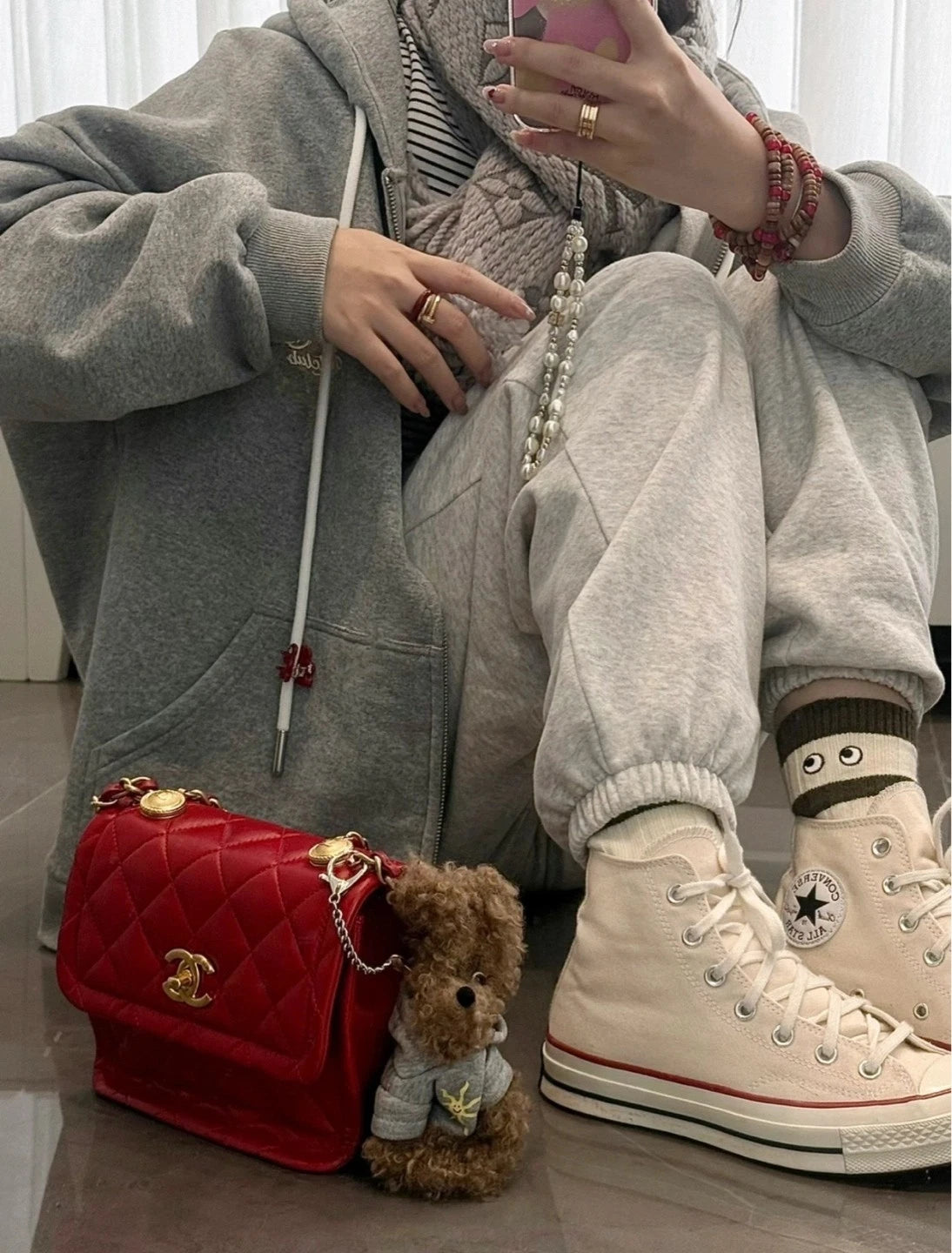 CHANEL Red Gold Button Lambskin Square Crossbody Bag For Women