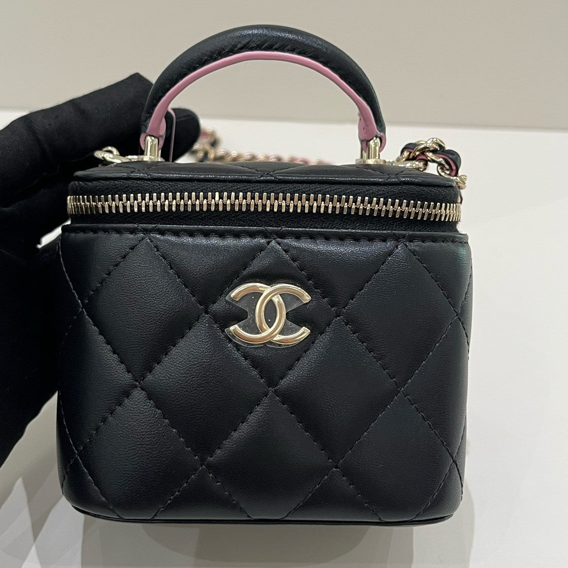 Chanel Quilted Black & Pink Mini Box Bag with Chain Strap
