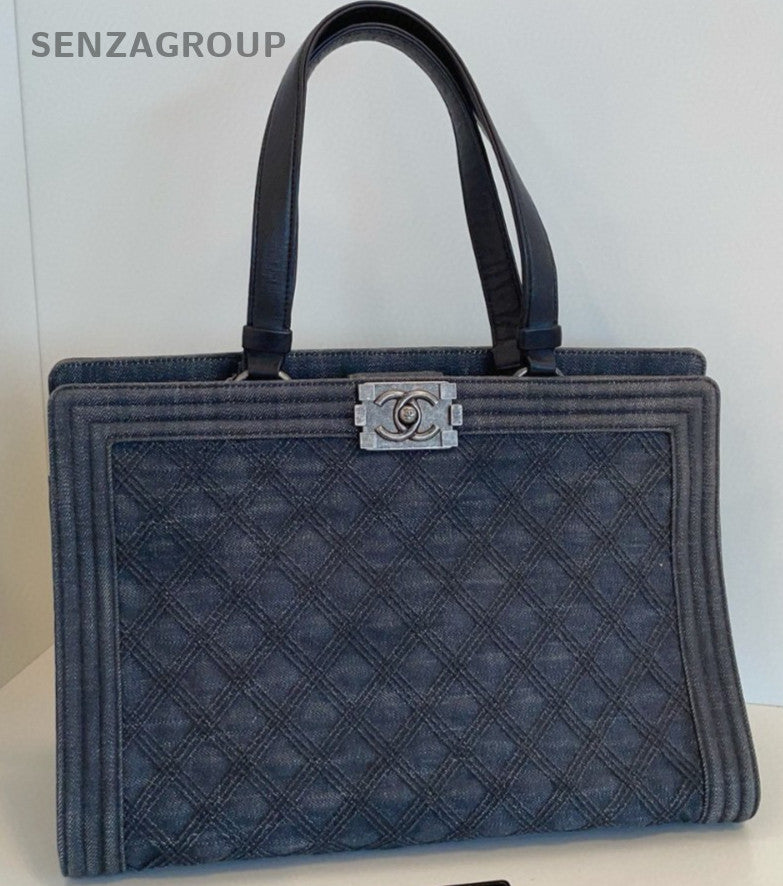 CHANEL Leboy Tote Leather Top Handle Shoulder Bag Women  Deep Blue