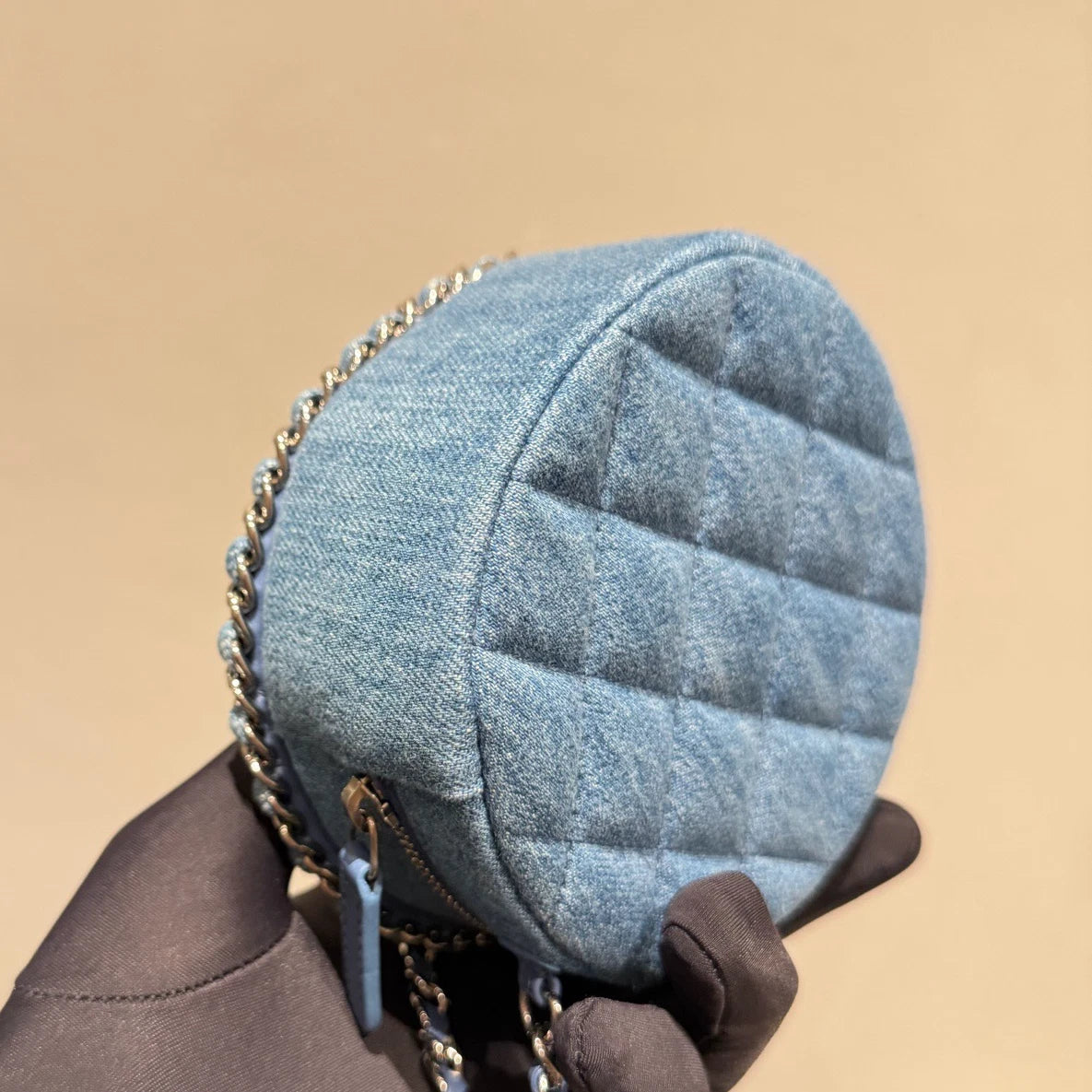 Chanel Denim Round Bag Chain Crossbody Blue Gold Diamond Women Classic