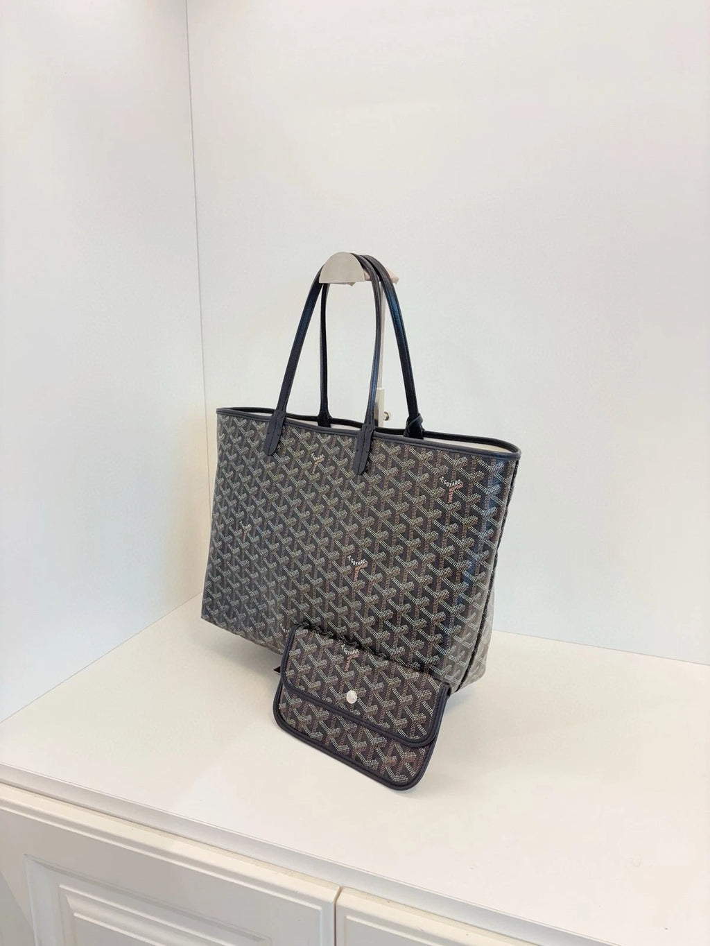 Goyard Saint Louis PM Tote Bag Black Coated Canvas Leather Trim Pouch Included