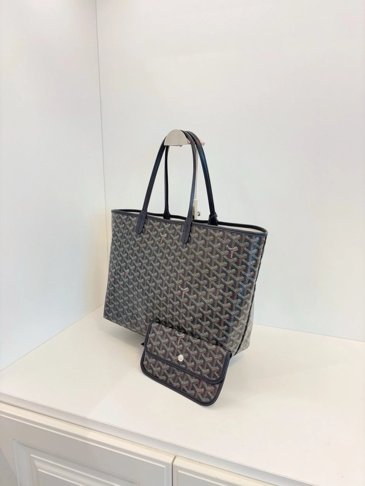 Goyard Saint Louis PM Tote Bag Black Coated Canvas Leather Trim Pouch Included