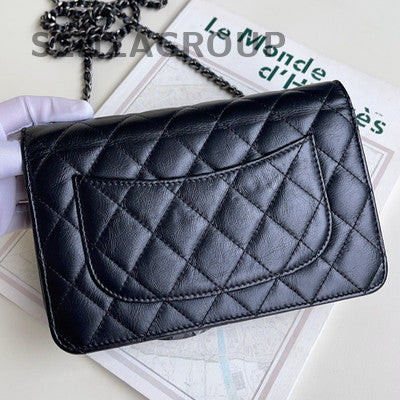Chanel Badge WOC Black Silver Calfskin Chain Crossbody Bag Women
