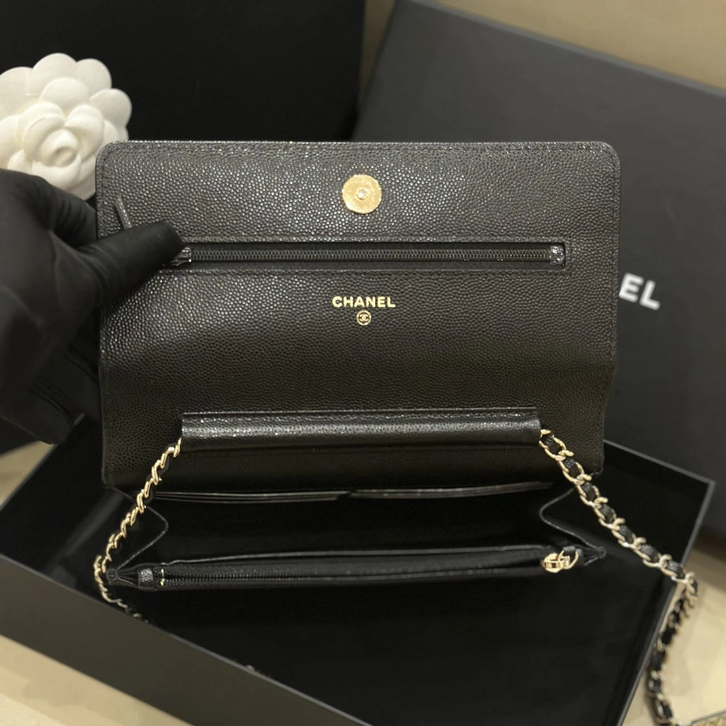 Chanel Black Leather Gold Chain WOC Crossbody Bag For Women
