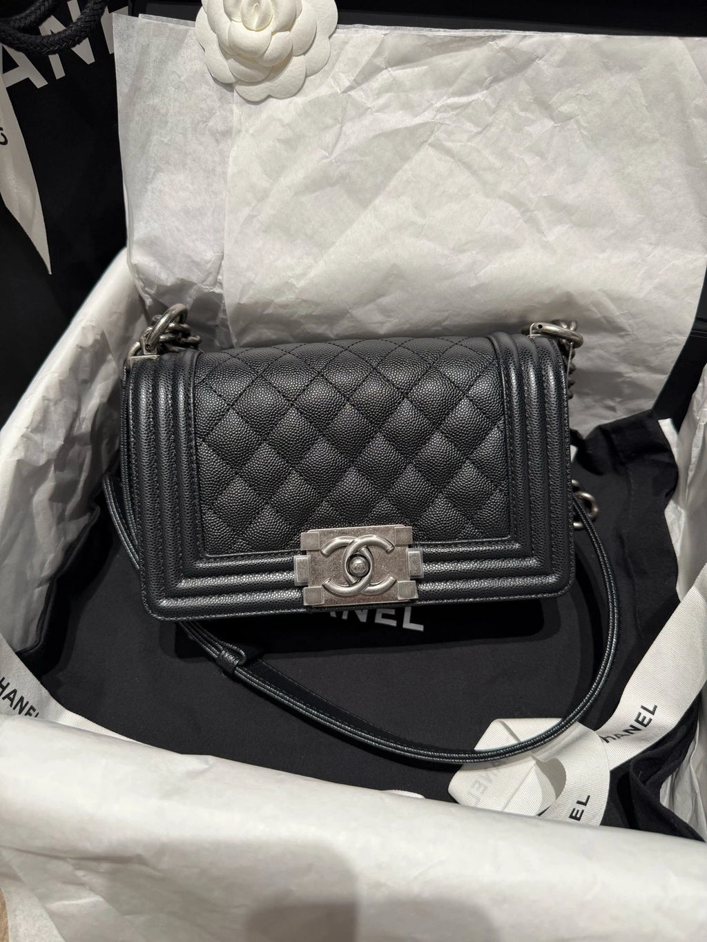 Chanel LeBoy Black Silver Leather Small Shoulder Bag For Women