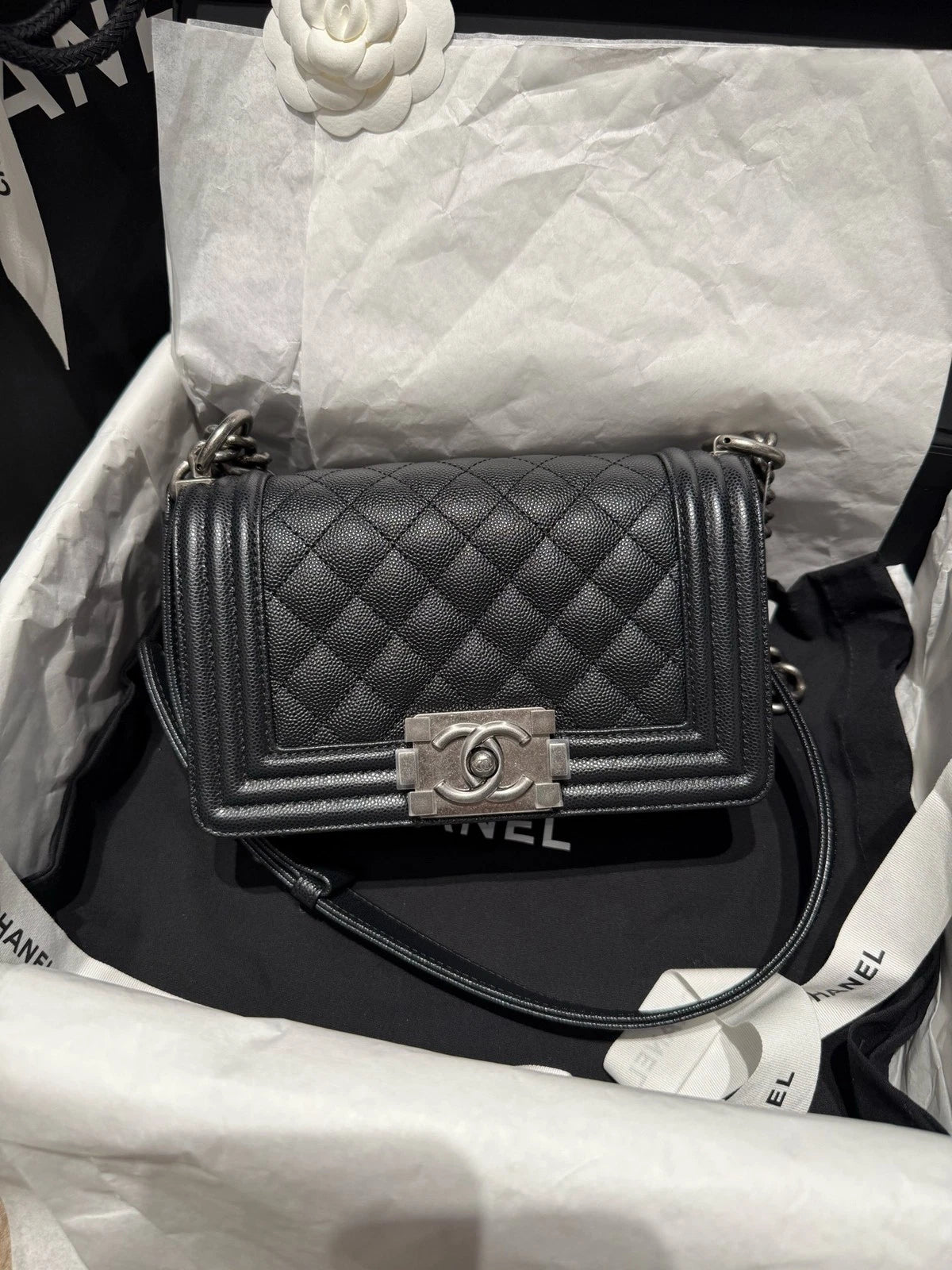 Chanel LeBoy Black Silver Leather Small Shoulder Bag For Women