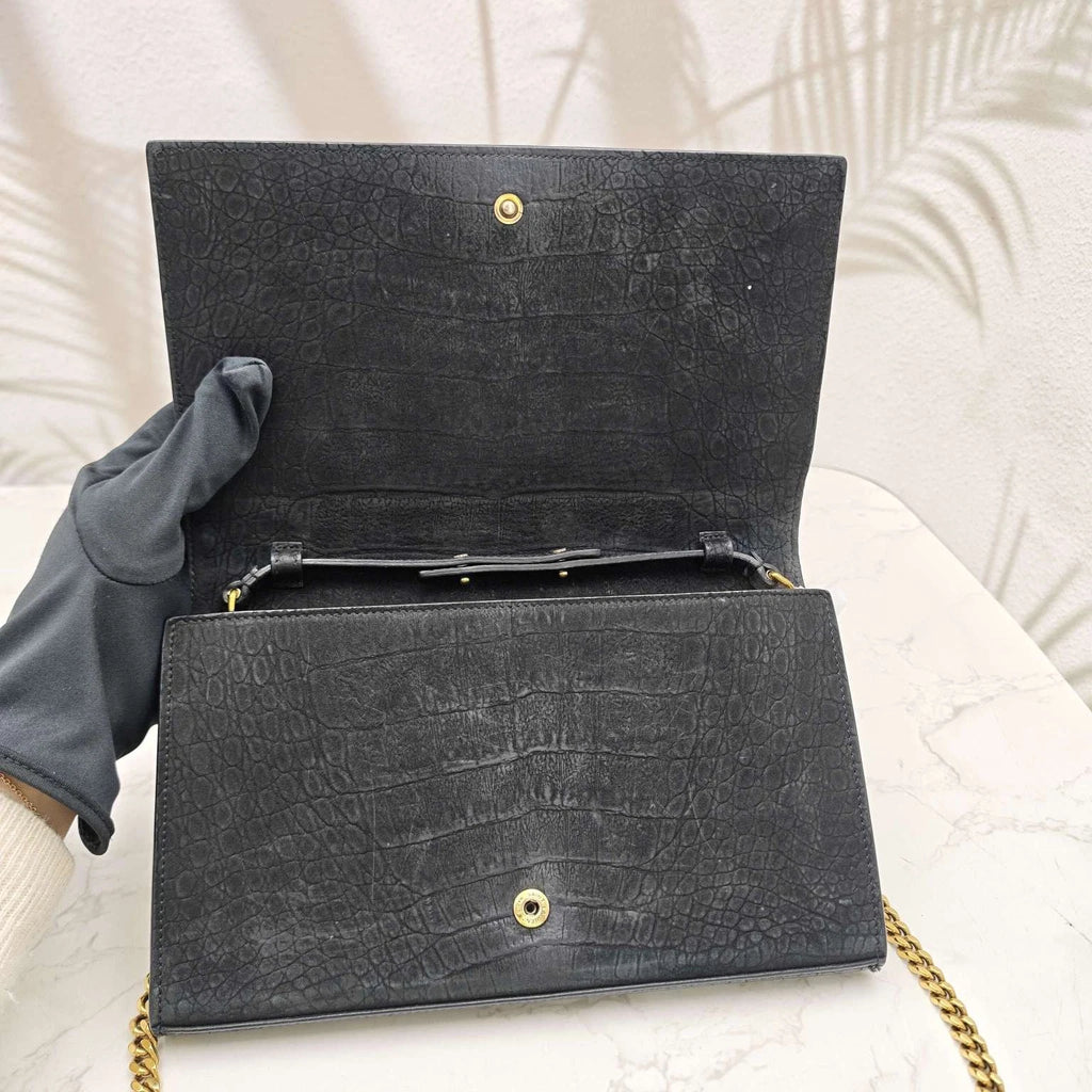 Saint Laurent Kate Black Croc-Embossed Suede Chain Shoulder Bag Women