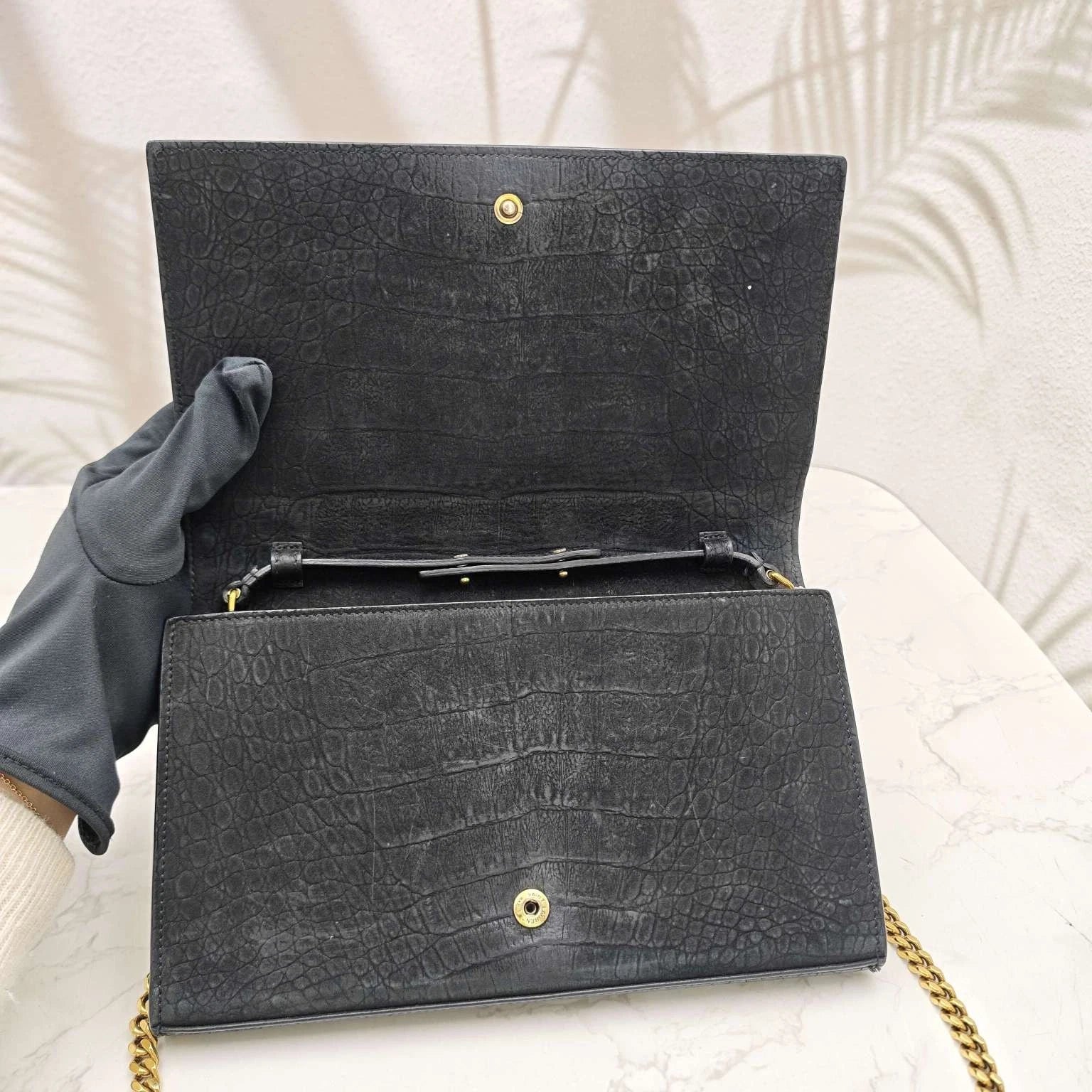 Saint Laurent Kate Black Croc-Embossed Suede Chain Shoulder Bag Women